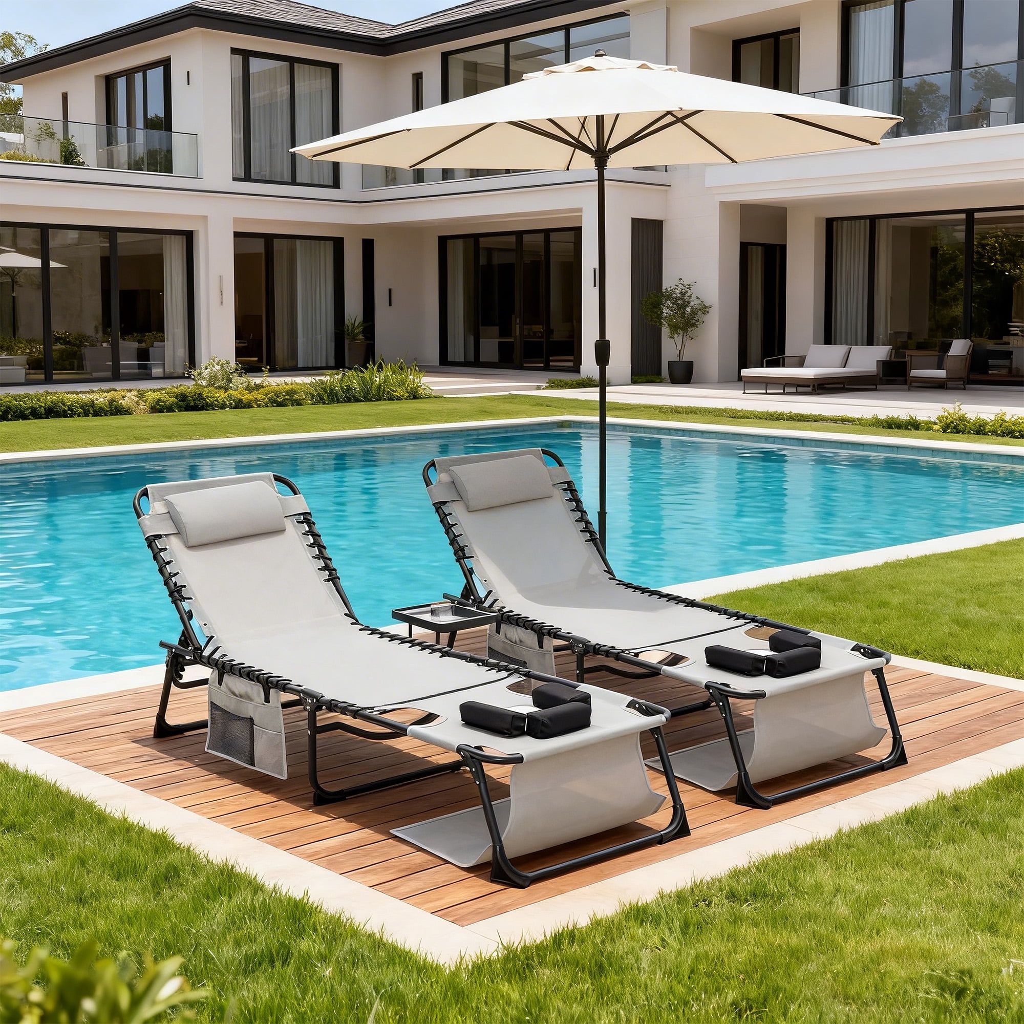 2‑Pack Gray 5‑Position Adjustable Face‑Down Chaise Lounge Chair, Foldable Tanning Recliner with Face & Arm Holes, Outdoor Sunbathing Chair for Pool Beach Patio Lawn