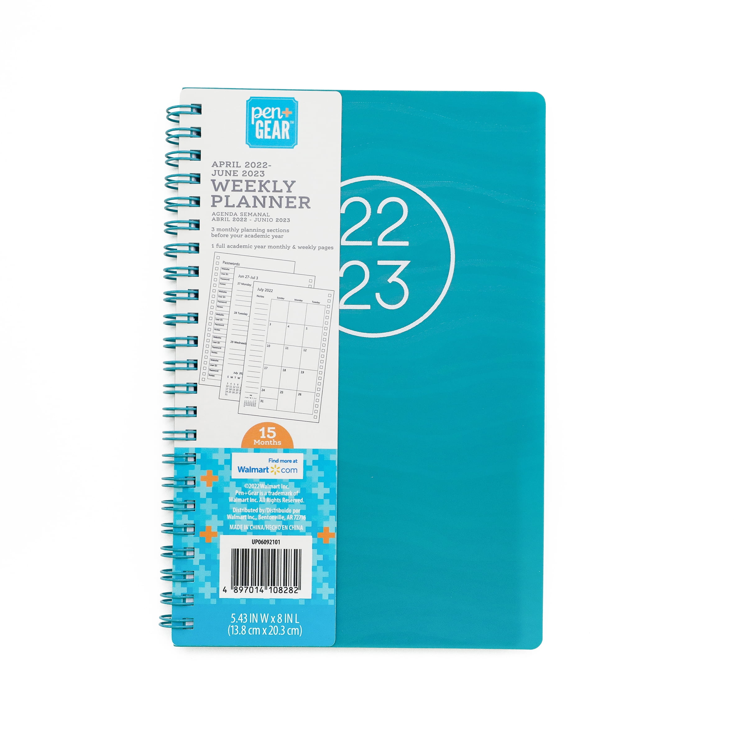 Pen+Gear Medium PP Planner, Teal Etched Cover, Weekly/Monthly Planner, 15 Months