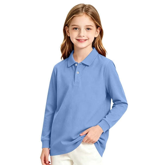Resicozy Girls Long Sleeve Polo Shirt Casual School Uniform Shirts, Classic Collared Neckline, Soft Breathable Top Blue 120