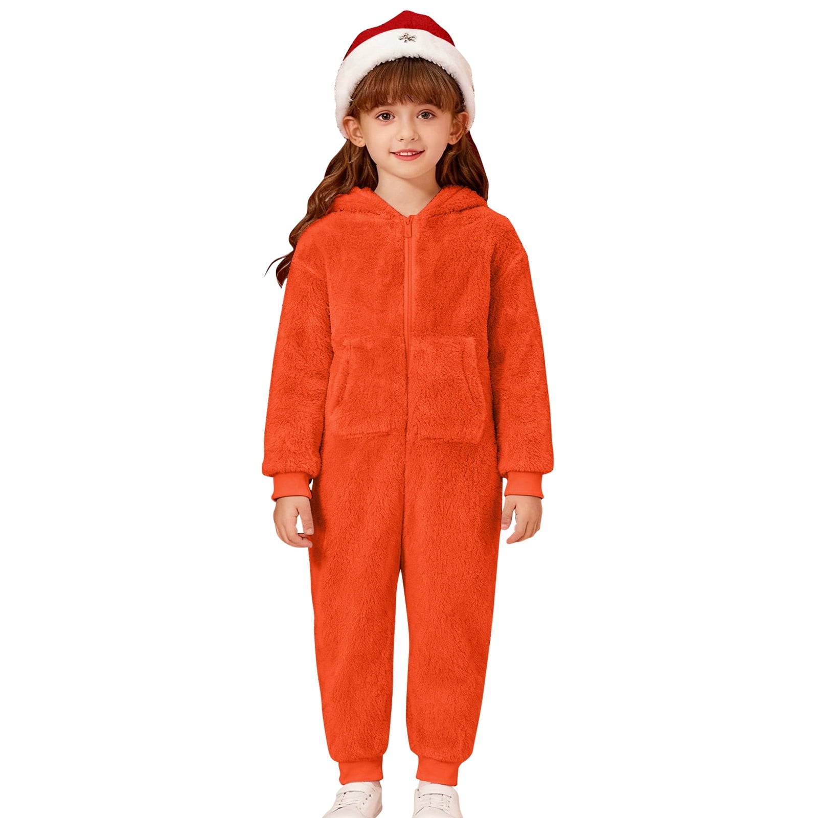 Tiweut Kids Onesie Pajamas Jumpsuit Boys Girls Warm Sherpa Lined Romper Zipper Hooded Cute Playsuit Sleepwear,Orange,6Y
