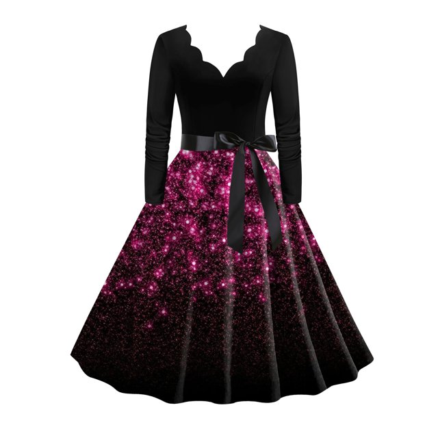 SZXZYGS Robes Midi pour Femmes Robes Formelles Fluides pour Femmes Robe de Fête Col en V Robe à Manches Longues Robe de Cocktail Robe Trapèze Évasée Robes de Soirée 2024
