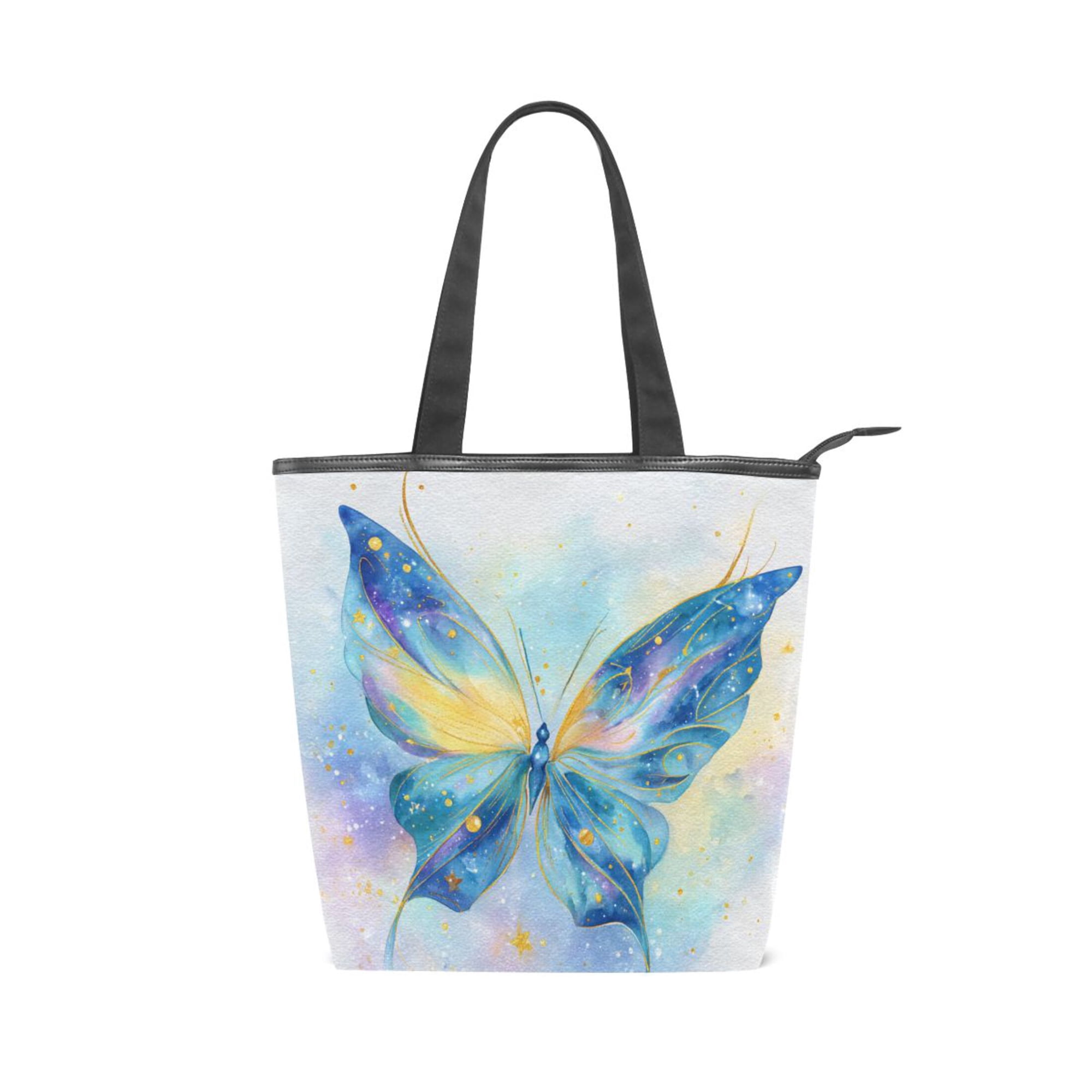 Large Capacity Canvas Tote Bag with Zipper Durable Canvas & Leather Shoulder Handbag All-over Print Tote for Work Commuter Shopping Travel Golden Nebula Butterfly