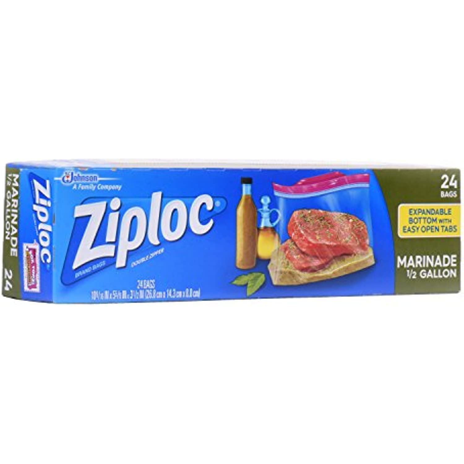 Ziploc Marinade Bags, Expandable Bottom With Easy Open Tabs, Half Gallon,  24 Count, Pack Of 3 (72 Total Bags) 