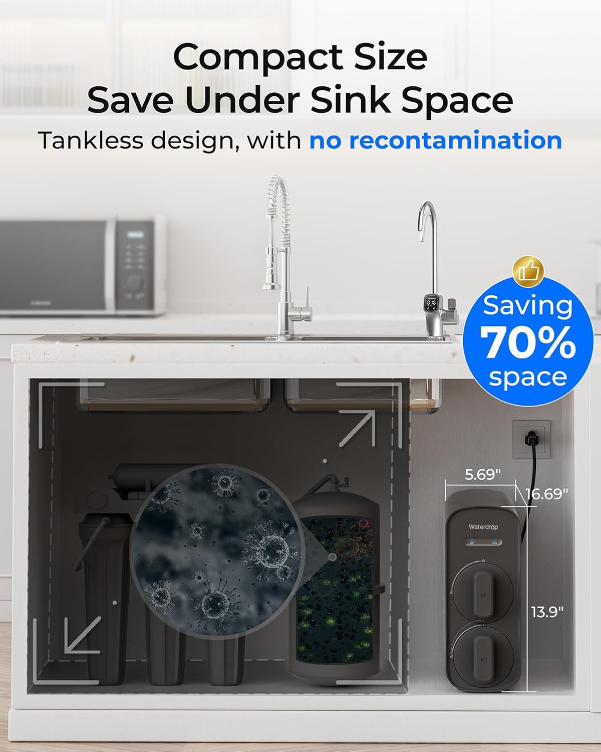 Waterdrop G5P700A Alkaline Mineral pH+ Reverse Osmosis System, 700GPD RO Water Filter, 8 Stage Filtration, NSF/ANSI 372 Certified, 2:1 Pure to Drain, Smart LED Faucet, with Extra Filter