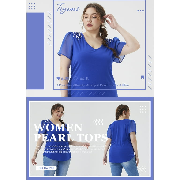 TIYOMI Women's Plus Size Royal Blue Tops Short Sleeve Chiffon Shirts 3X V  Neck Pearls Blouse Loose Fit Summer Tunics 3XL 22W 24W
