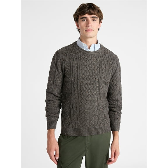 Free Assembly Men's Fisherman Crew Neck Sweater with Long Sleeves, Sizes XS-3XL