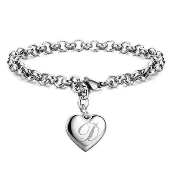 EOEMY 925 Sterling Solid Silver Jewelry A-Z Letter Charm Heart Bracelet For Women-D