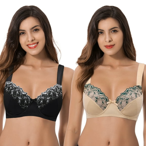 Curve Muse Womens Plus Size Minimizer Underwire Bra With Lace Embroidery-2 Pack-NUDE,BLACK-34C