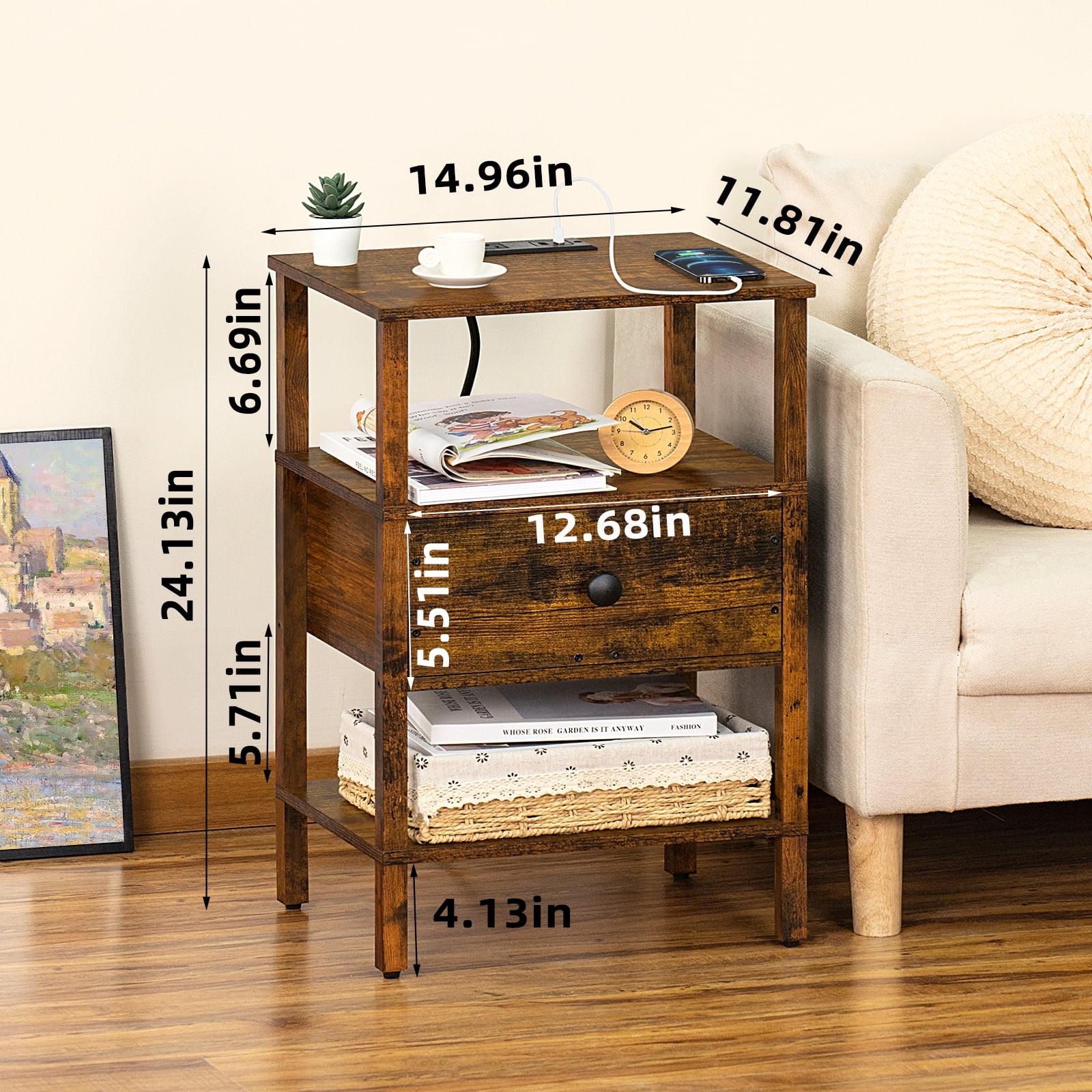 LEYAOYAO 3-Tier Side Table with Charging Station, End Table with 2 Outlets & 2 USB Ports, for Living Room, Rustic Brown