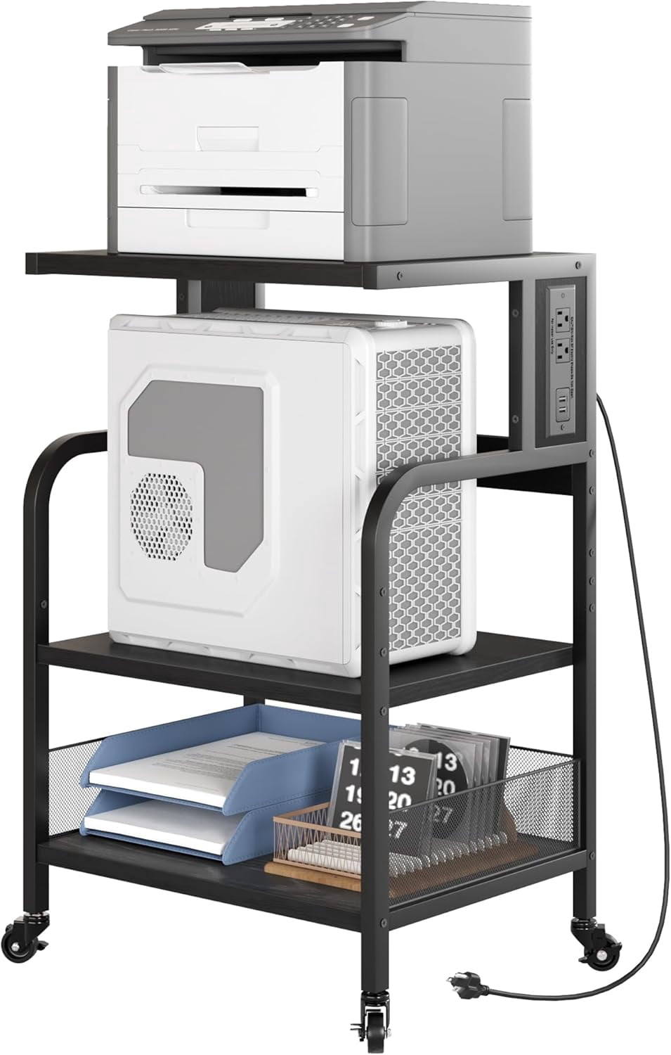 31.4''H Printer Stand with Power Outlets and USB Ports 3 Tier Printer Table w/Wheels Printer Storage Cart Rolling Printer Cart with Storage Shelf for Printer Scanner, Fax, Home Office