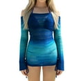thumbnail image 2 of LEKWK 3 Piece Swimsuits for Women with Cover Up Long Sleeve Sheer Knitted Dress Halter Bikini Top Tie Side Bottom Boho Summer Vacation Beach Swimwear, 2 of 7