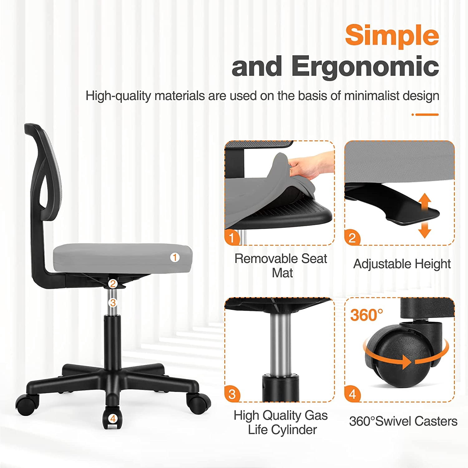 Basics Rolling Desk Chair, Adjustable, Low Back, Padded Seat, Breathable Mesh, Swivel, Gray