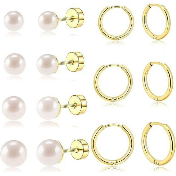 Nmkwnr 6 Pairs Lightweight 316L Stainless Steel Small Hoop Earrings, Pearl Stud Earrings Flat Back Earrings for Women Men, Gold