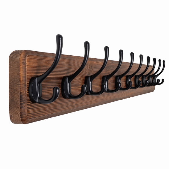 SKOLOO Rustic Large Wall Mounted Coat Rack - 38.6'' Long Coat Rack for Wall, Pine Solid Wood Coat Hook Hanger - 10 Hooks for Hang