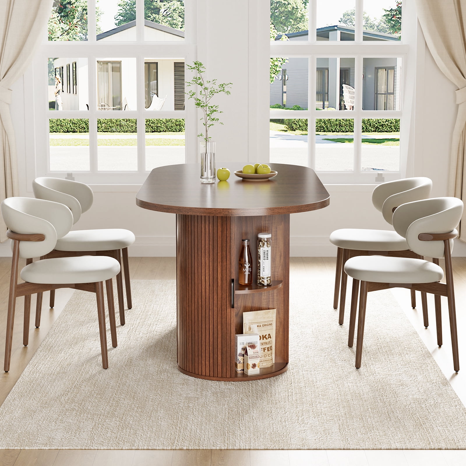 Hommpa 71" Dining Table for 6,Modern Oval Kitchen Table With Storage Cabinet,Long Dining Room Tables With Wood Strip Base for Kitchen Dining Room Living Room,Walnut