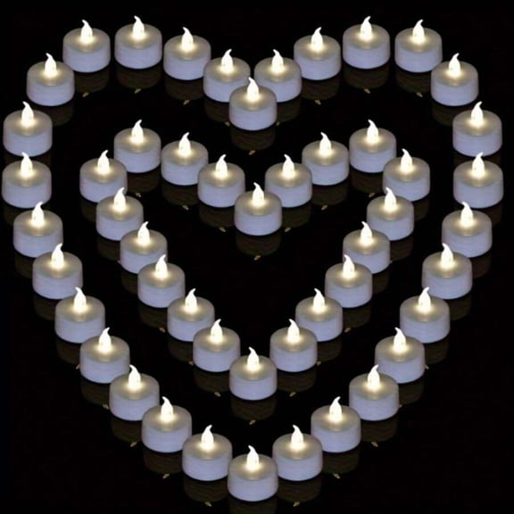 50pcs Flameless Tea Lights Warm White Lighting Included CR2032 Battery Last More Than 200 Hours Flickering Fake Tealights For Holiday Decoration, Birthday Party Decoration, Prayer Blessing, Wedding D
