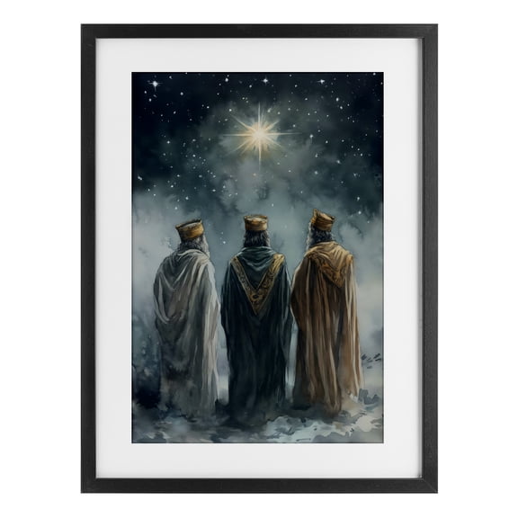 Three Wise Men & North Star Black Framed Print Under Glass, design by Petal Prints Design
