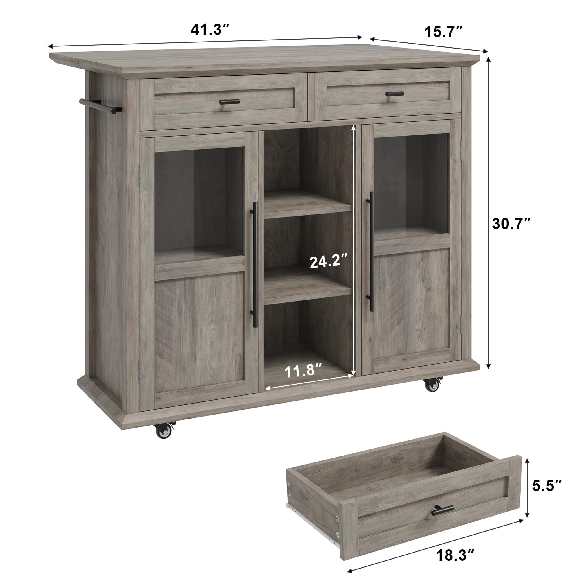 Rolling Kitchen Island Cart with Folding Drop Leaf, Breakfast Bar, Portable Trolley Island with Large Storage Cabinet, Shelf and Drawer