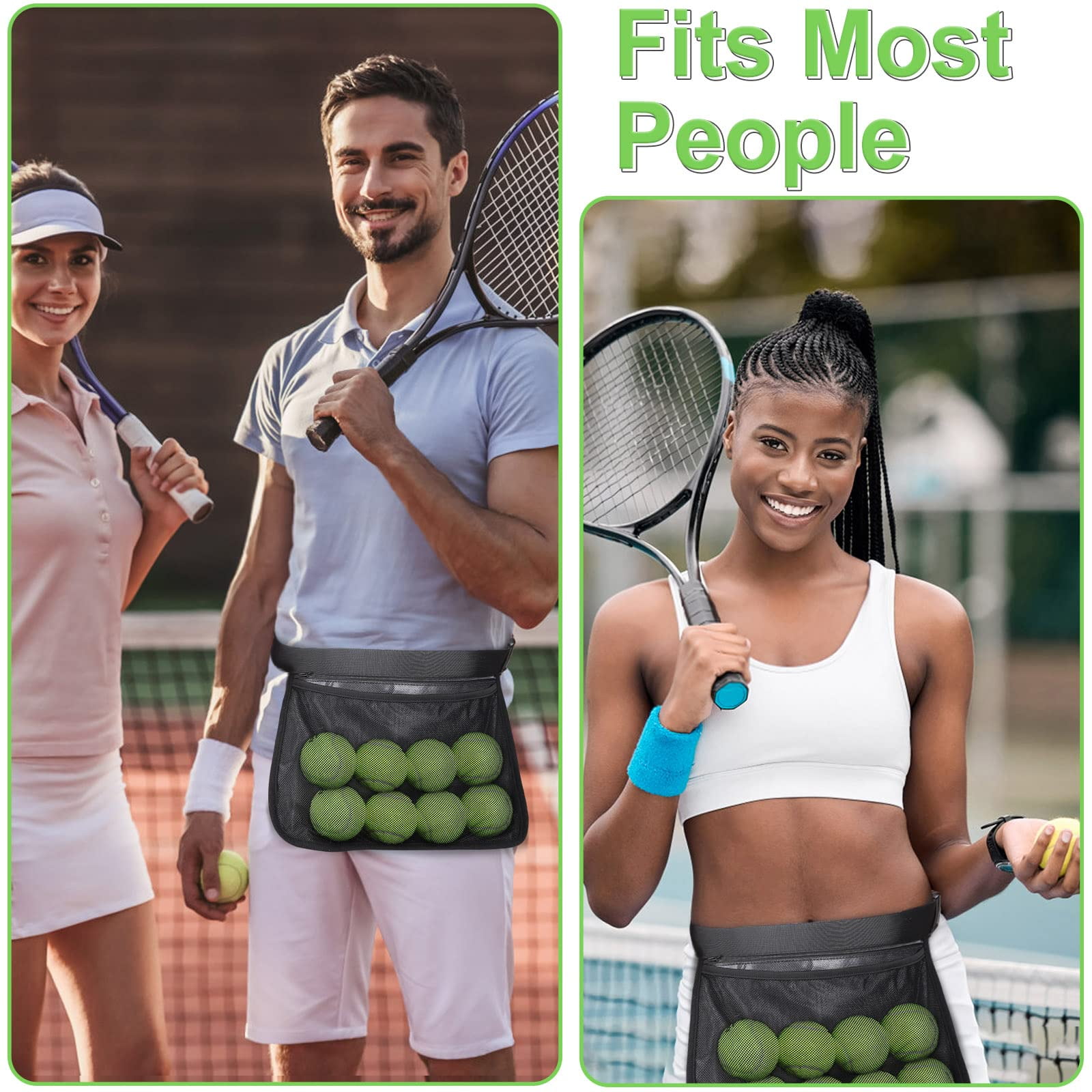 2pcs Mesh Waist Hip Ball Pouch Holder for Women & Men,Tennis Pickleball Balls Accessory, Tennis Ball Bag Pouch Carrier for Trainer,Coach,Enthusiast（black）