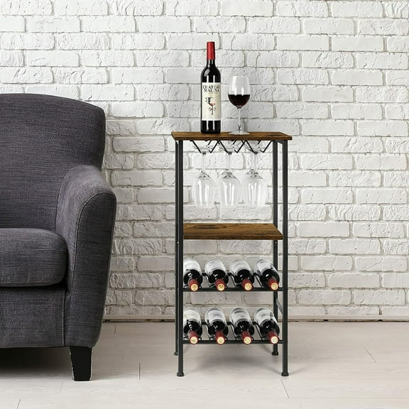 Wine Rack Table Industrial Wine Rack Freestanding Floor with Glass Holder,Brown