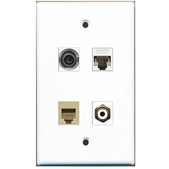 RiteAV - 1 Port RCA White 1 Port Phone RJ11 RJ12 Beige 1 Port 3.5mm 1 Port Cat5e Ethernet White Wall Plate