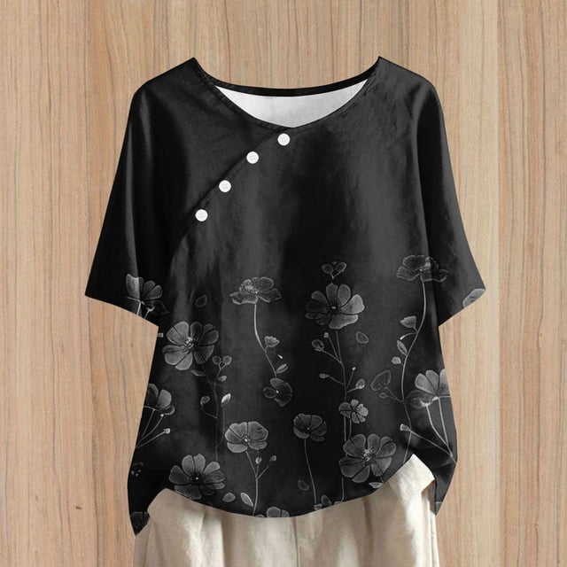 Fiudx Ofertas Flash Del Día Solo En Línea Top de Manga Corta con Cuello Redondo y Botones de Lino con Estampado Informal para Mujer