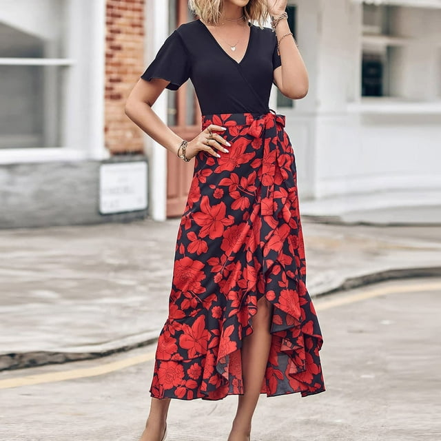 Robes pour Femmes 2024 Été Surdimensionnée pour Manches Courtes Col en V Boho Imprimé Floral Ceinture Taille Haute Basse à Volants Robe Maxi Cocktail 50 % de Réduction!