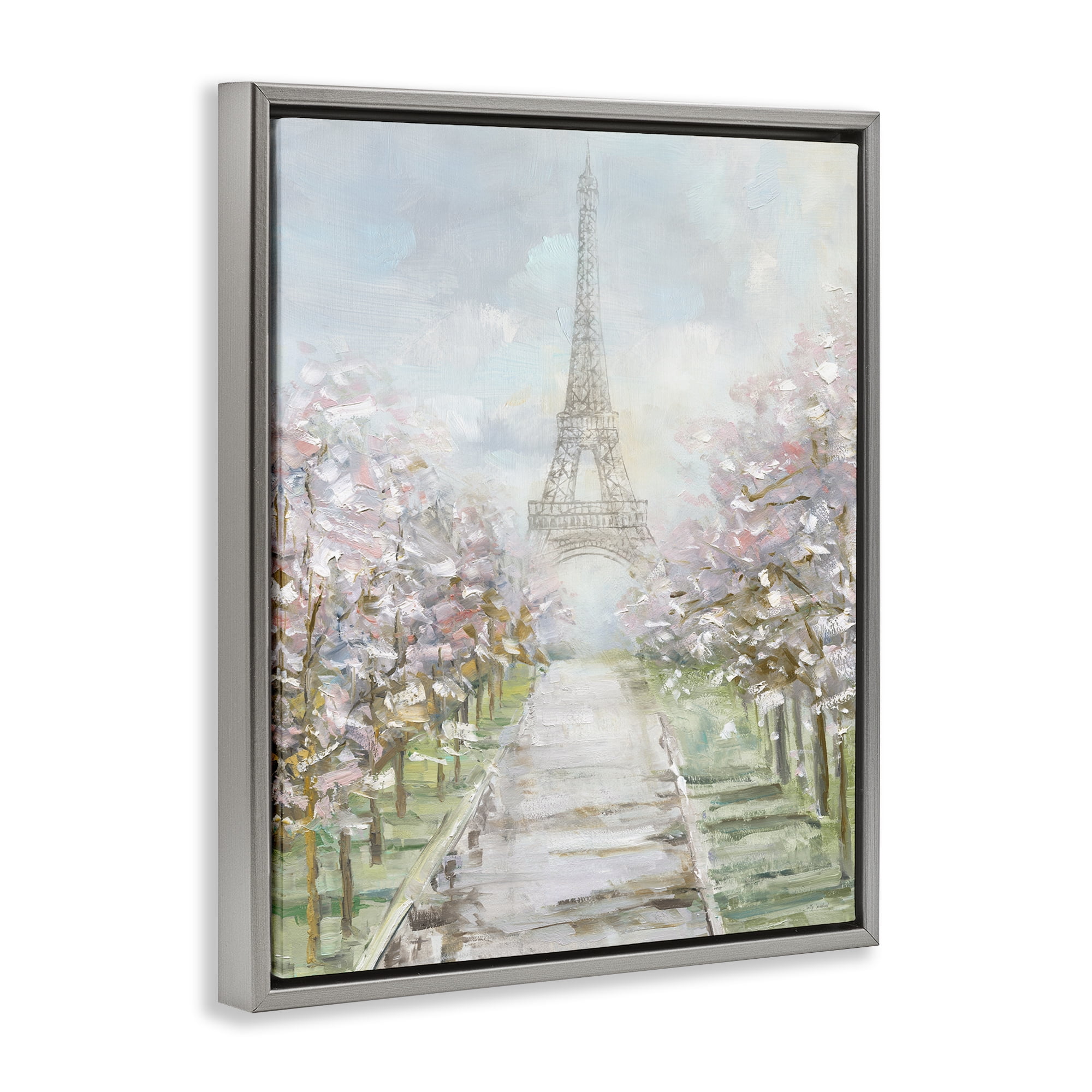 Stupell Industries Eiffel Tower & Tree Grove Scenic & Cityscapes Painting Gray Floater Framed Canvas Art Print Wall Art, 17 x 21