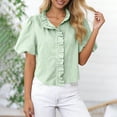 thumbnail image 6 of biudgviw Womens Short Sleeve Tops Striped Button Down Shirts Ruffle Stand Collar Work Cropped Blouses Trendy Clothing, 6 of 7