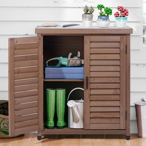 LDB_BUILDING 31.5in. W x 36in. H Outdoor Storage Cabinet & Potting Bench Table with Metal Top, Wooden Patio Furniture, Garden Workstation