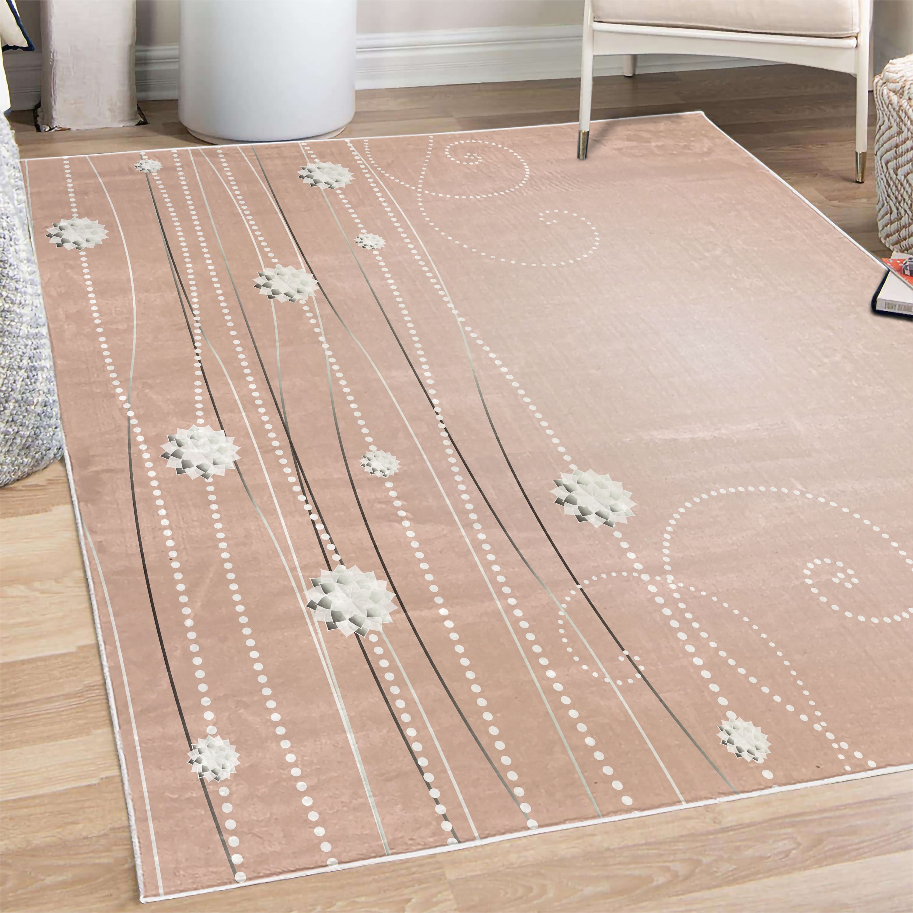 Abstract Art Decorative Rug, Flowers with Dotted Lines Vintage ...