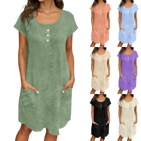 Laqbezok Women's Cotton Linen Dress, Casual Crew Neck Short Sleeve Loose Sundress with Pockets, Retro Button Henley T-Shirt Dress