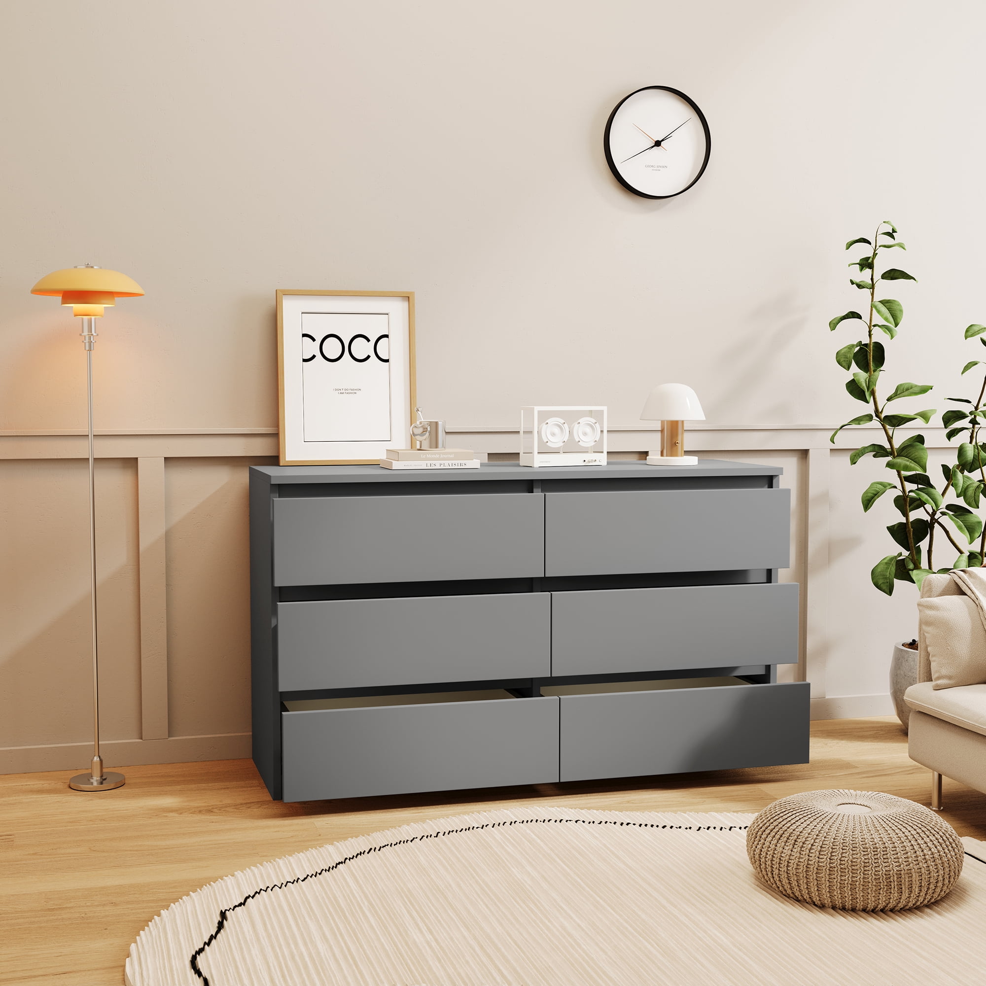 Miniyam 6-Drawer Dresser, Matte Waterproof Finish, Anti-Tip, Gray, Minimalist Design for Adults