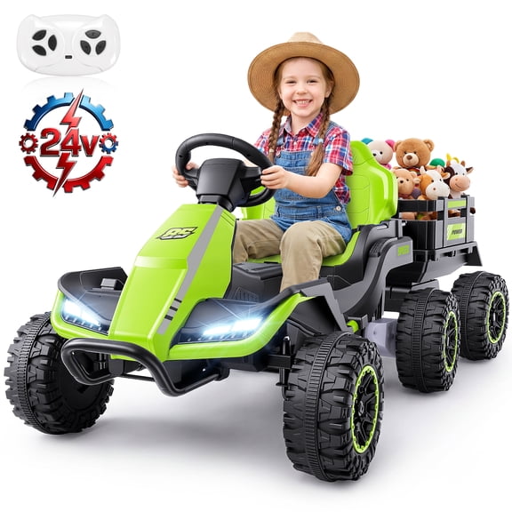 VIBESPARK 24V Ride on Tractor with Remote Control, 3 in 1 Ride on Car, Ride on Toy for Kids with Trailer, 6 Wheel Kids Electric Car w/ Bluetooth, MP3, Music, Green