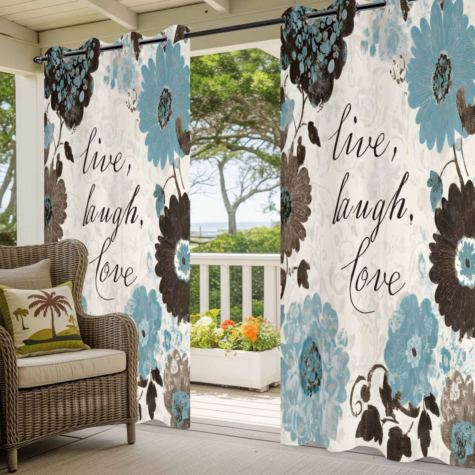 Blue Brown Flower Outdoor Curtains for Patio, Laugh Love Live Plant Farmhouse Sunshade Privacy Drapes Grommet Waterproof Outside Curtains for Porch/Cabana/Balcony 54"x 108", 1 Panel