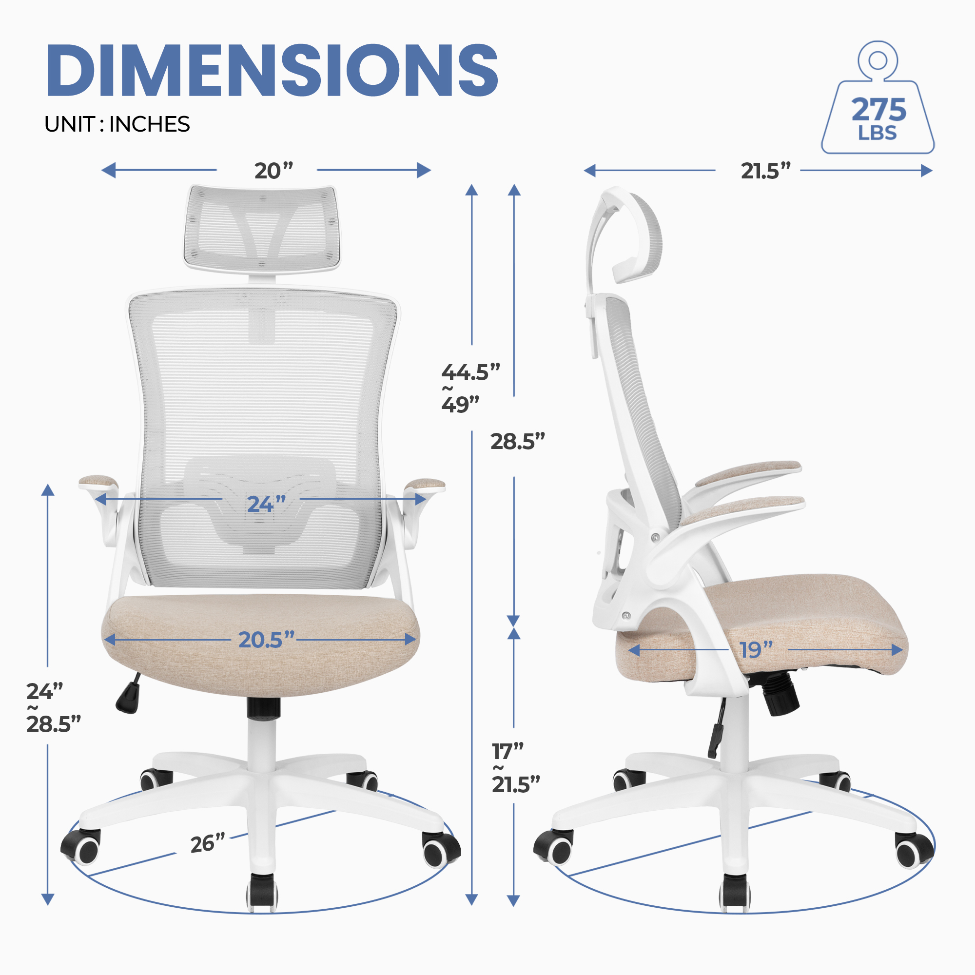 CELTOSS Ergonomic Office Chair, High Back Flip-Up Armrests Design, Adjustable Mesh Headrest and Lumbar Support, Beige
