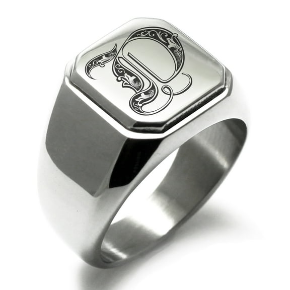 Stainless Steel Letter D Initial Royal Monogram Engraved Engraved Square Flat Top Biker Style Polished Signet Ring