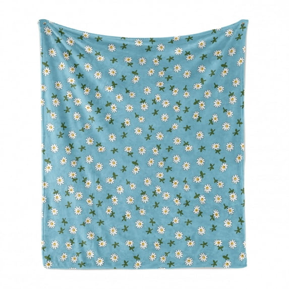 Daisy Soft Flannel Fleece Throw Blanket, Hand Drawn Natural Look Picked Daisy Flowers Accent Rhythmic Pattern, Cozy Plush for Indoor and Outdoor Use, 60" x 80", Pale Blue Olive Green, by Ambesonne