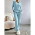 thumbnail image 6 of Womens Ribbed Knit 2 Piece Sets Long Sleeve Sweater and Wide Leg Pants Loungewear Pajamas Set Blue S, 6 of 7