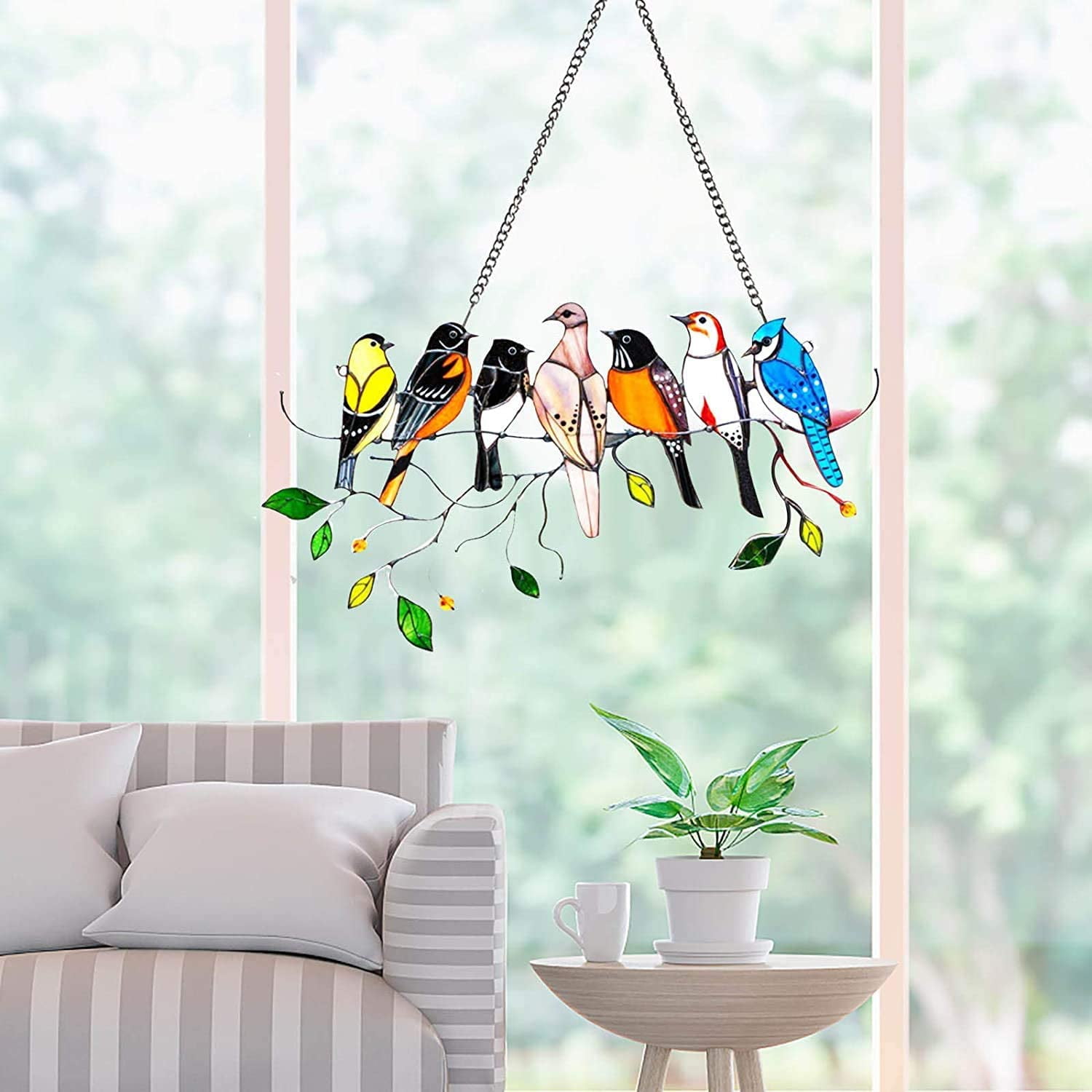 Multicolor Birds on a Wire High Stained Acrylic Suncatcher Window Panel Pendant 