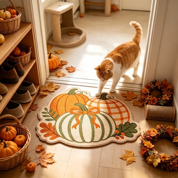 Halloween Thanksgiving Pumpkin Shaped Doormat 16x16 Inch, Non Slip Water Absorbent Crystal Velvet Floor Mat, Indoor Outdoor Fall Decor Door Mat, Washable Entryway Pet Sleeping Pad Farmhouse Porch Rug