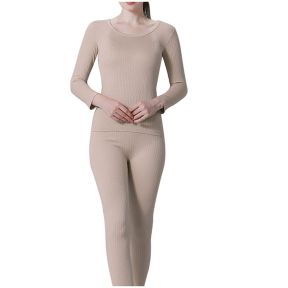 Htigea Thermal Underwear for Women Long Johns Warm Winter Solid Color Base Layer Tops & Bottoms 2 Piece Sets Khaki Free Size
