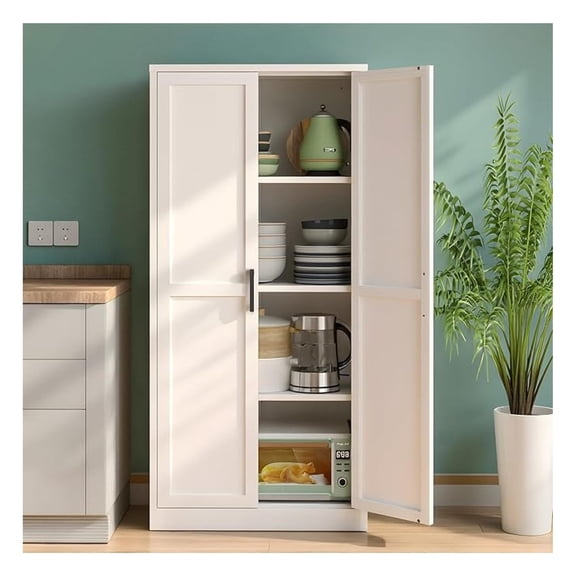Pantry Cabinet, Kitchen Food Metal Pantry Cabinet, 59" H White Metal Locker Storage Cabinets with 2 Doors and Shelves for Kitchen, Dining Room, Living Room and Bathroom