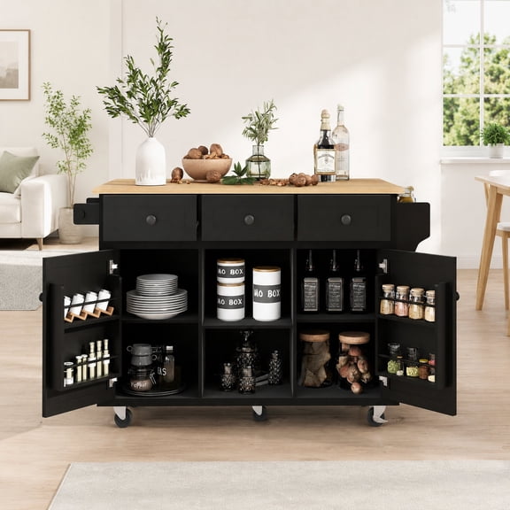 Unbranded Kitchen Islands White Cart Rubber Wood Drop-leaf Countertop 5-wheel Storage Cabinet 3 Drawers Internal