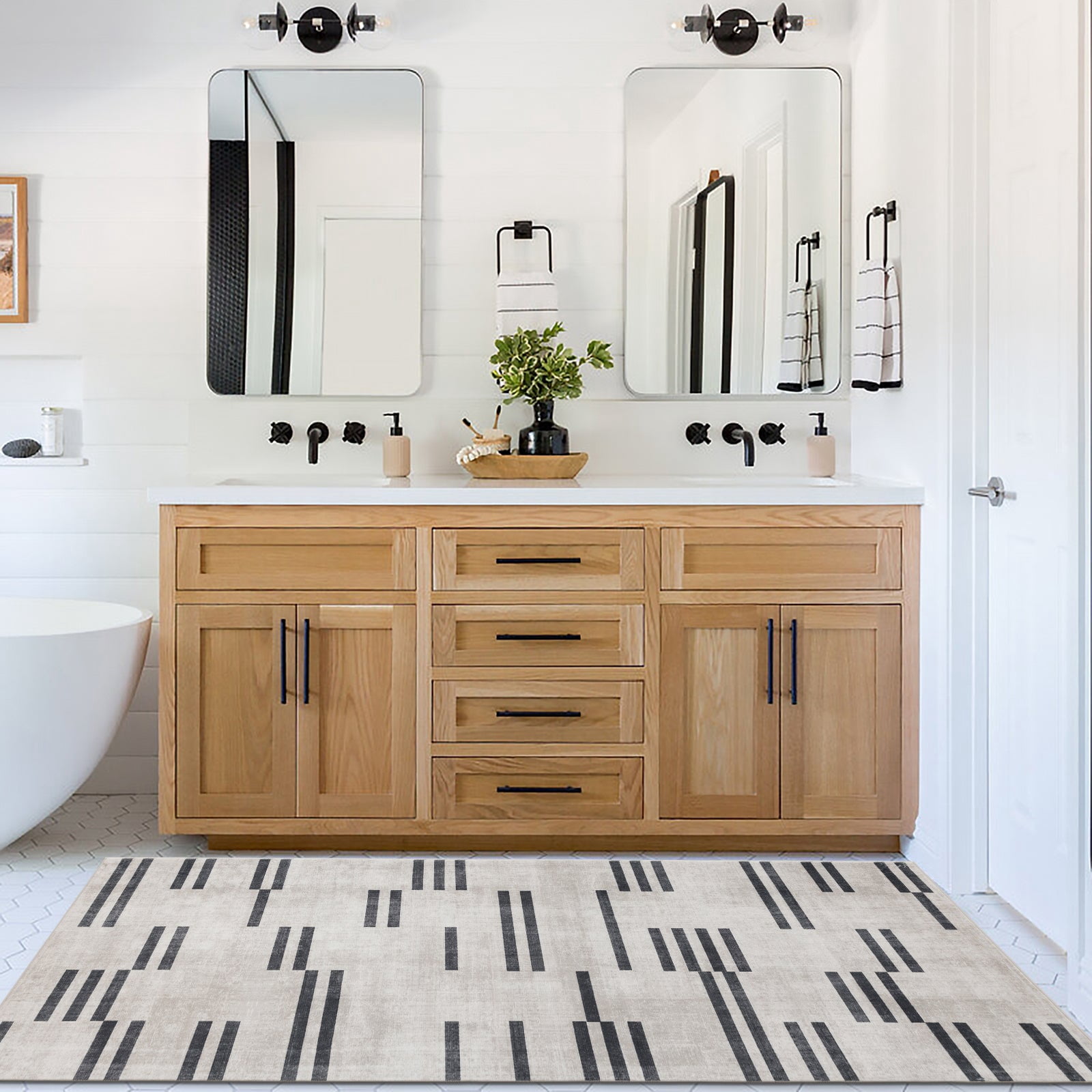 ReaLife Rugs Machine Washable Area Rug Runner - Living Room Bedroom Bathroom Kitchen Entryway Office - Padded Low Pile Stain Resistant Premium - Modern Geometric - Loki - Beige & Black 2'6" x 8'