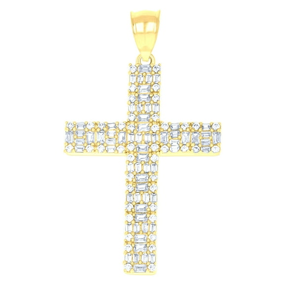 10kt Yellow Gold Mens Baguette Round Cubic-Zirconia Cross Religious Charm Pendant