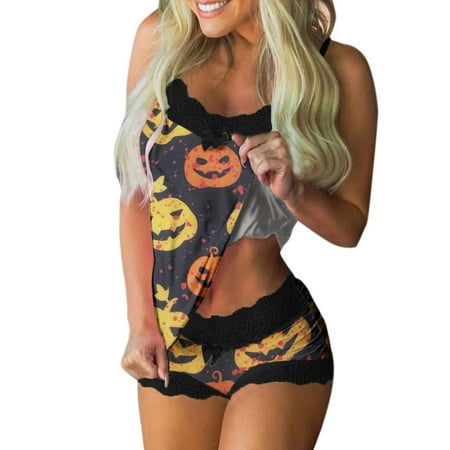 

Knosfe Women Pjs 2 Pack Sexy Cami and Shorts Set Lace Pajamas Set Nightgown Sleepwear Pumpkin