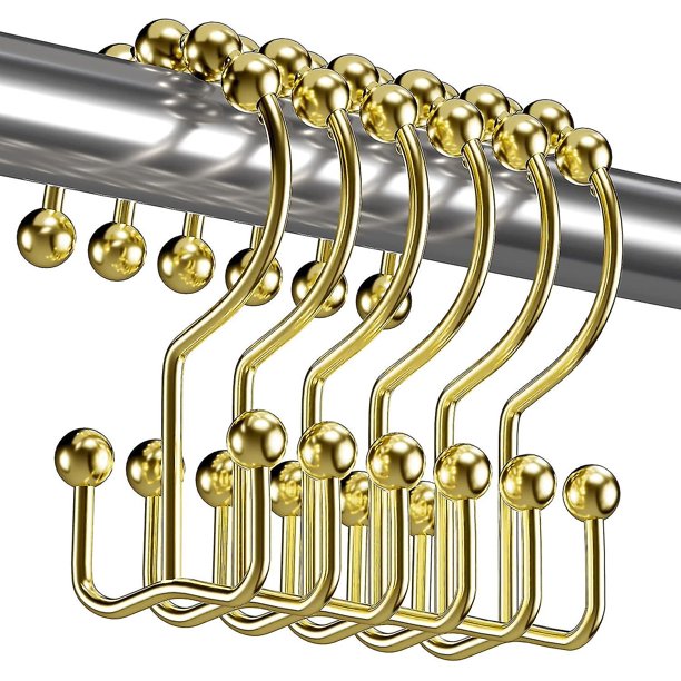 Ganchos Para Cortinas De Ducha, Anillos Para Cortinas De Ducha, Metal A Prueba De Herrumbre, Doble Deslizamiento Para Cortinas De Barras De Ducha De Baño, Juego De 12 Ganchos-oro