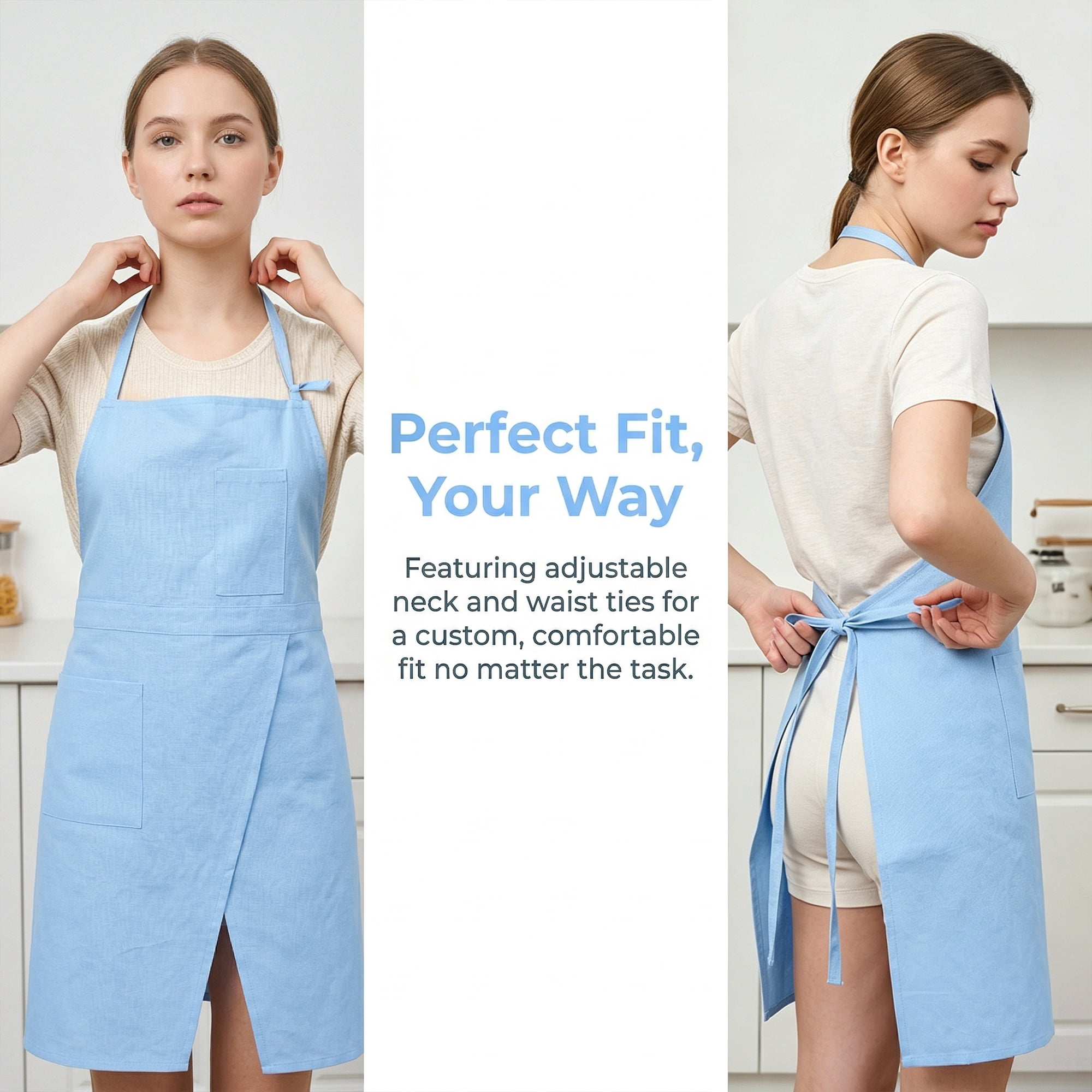 Unique Bargains Farmhouse Durable Cotton Apron with Pockets 32.4x31.9in Azure