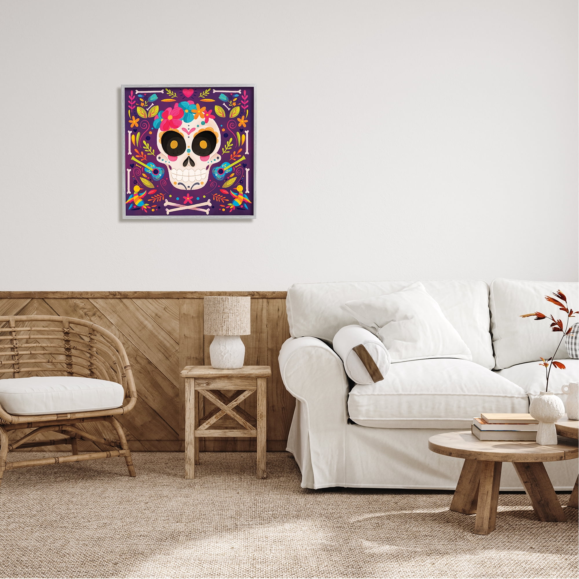 Stupell Industries Day Of Dead Floral Patterned Skull Holiday Painting Gray Framed Art Print Wall Art